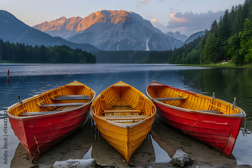 Three Canoes by Lakeside With Mountainous Background