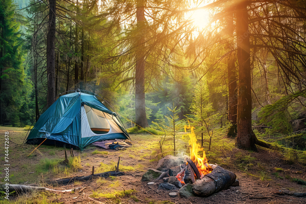 Tent and campfire in the forest. Outdoor activities concept.