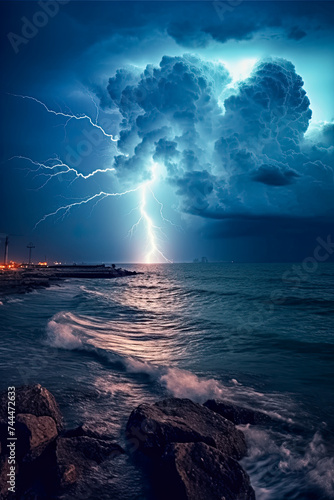 Gewitter mit Blitzen am Meer bei Nacht, Generative AI