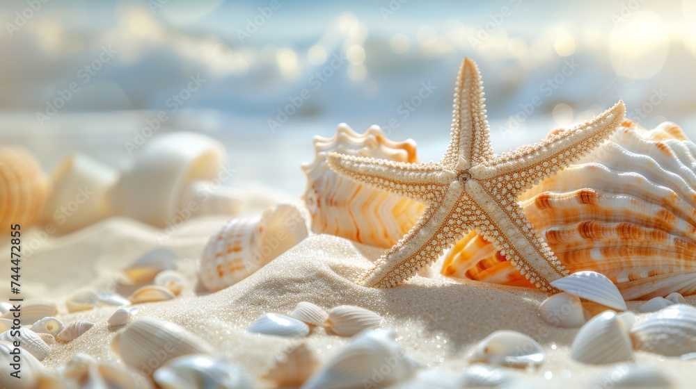 Starfish and Shells on Sandy Beach
