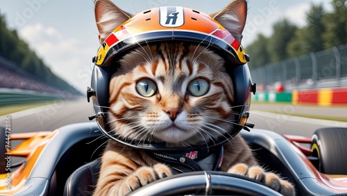 Adorable Tabby Cat Driver in Racing Car at Circuit