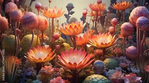 A close-up view of a surreal 3D garden, featuring otherworldly flowers and foliage, bathed in the warm glow of an imaginary sun.