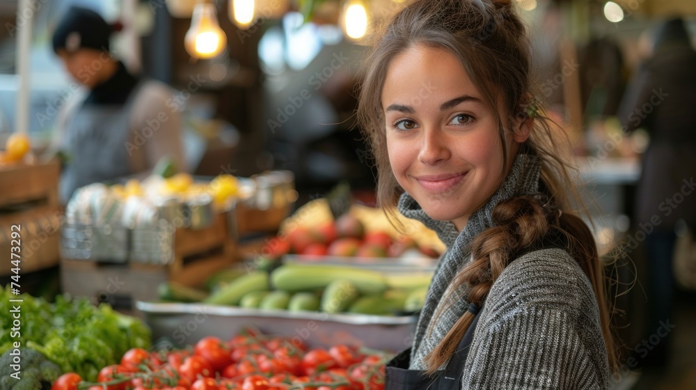 A confident female entrepreneur stands amidst colorful trays of vegetables at an urban farm market.