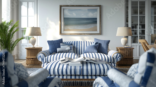 Realistic AI-rendered scene capturing the elegance of a living room furnished with striped blue and white furniture, with a large single picture frame serving as a focal point above the couch.