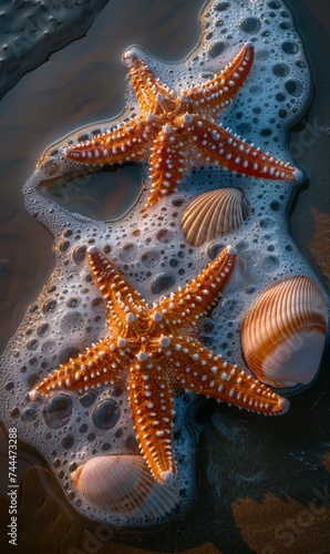 Three Starfish and Seashells on Sandy Beach