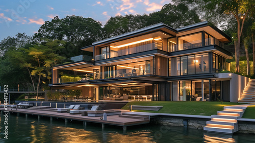Riverside retreat with a modern exterior design, featuring terraced levels, glass balustrades, and a private dock, embodying contemporary waterfront living © alishba Lishay