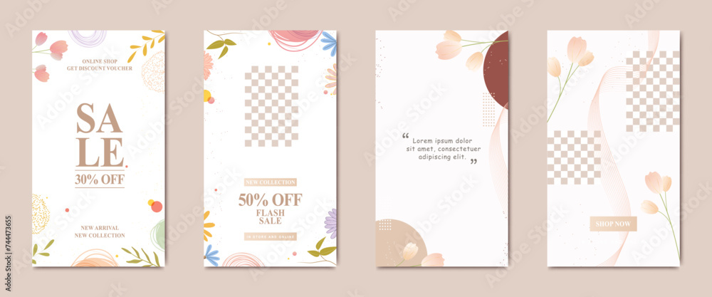 Naklejka premium Social media sale banners and web ads templates set. artistic floral decoration. For website and mobile banners, print material, newsletter designs, coupons, marketing