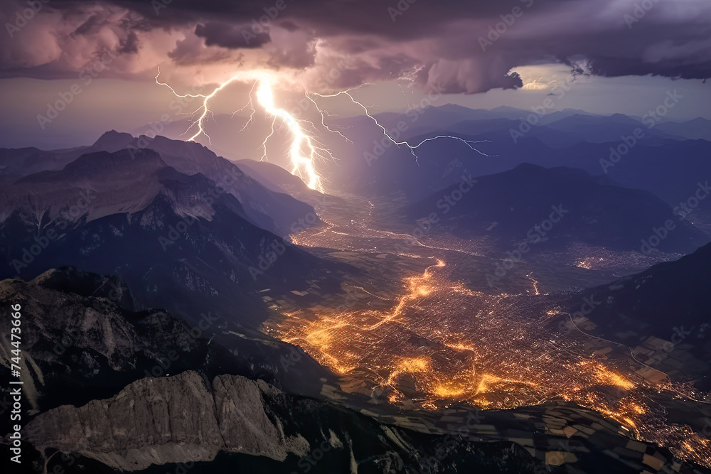 Gewitter mit Blitzen im Gebirge bei Nacht, Generative AI