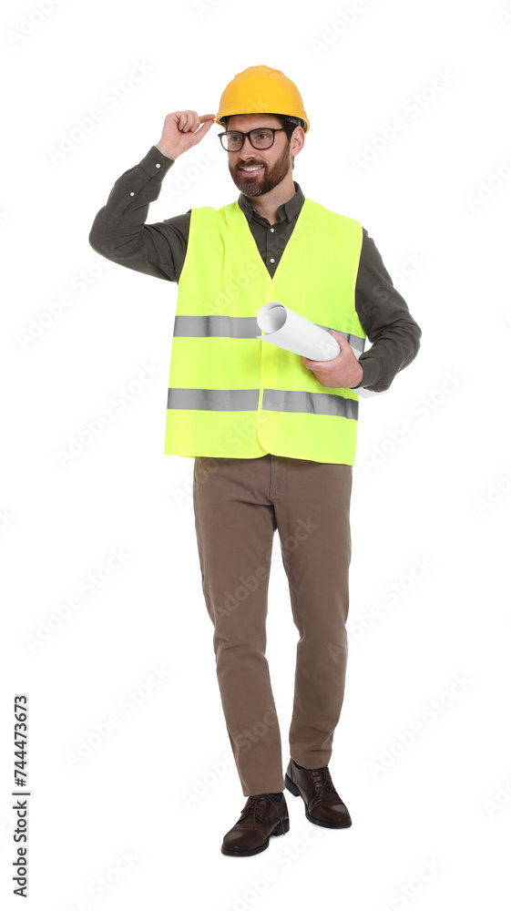 Architect in hard hat with draft on white background
