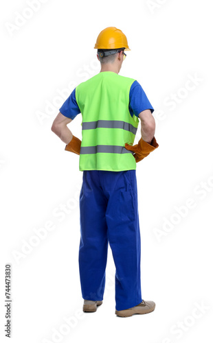 Young man wearing safety equipment on white background, back view