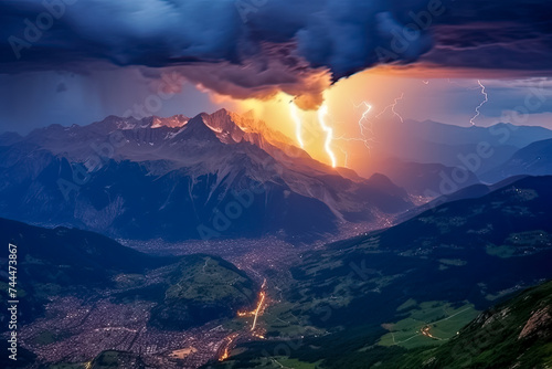 Gewitter mit Blitzen im Gebirge bei Nacht, Generative AI photo