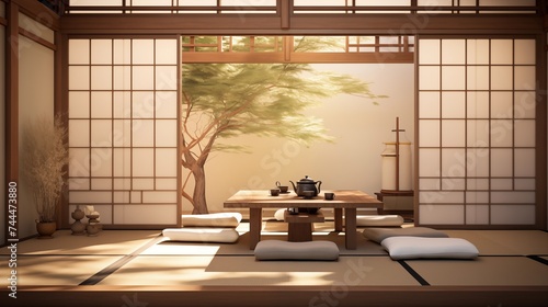 Japanese-inspired Tea Room with Tatami Flooring and Shoji Screens Create a serene and tranquil tea room inspired by traditional Japanese design principles