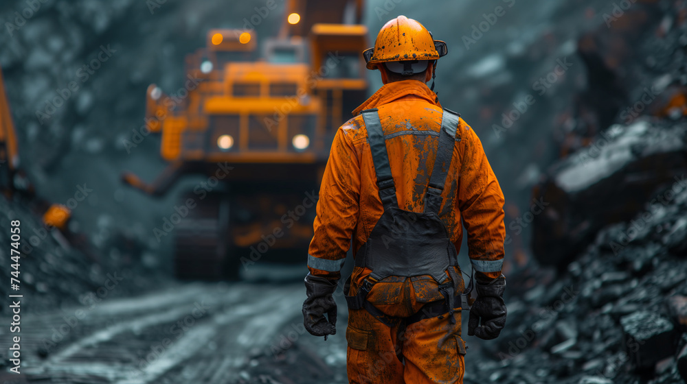 Miner stands with his back turned, wearing an orange safety uniform, in a mine with heavy equipment in the background.