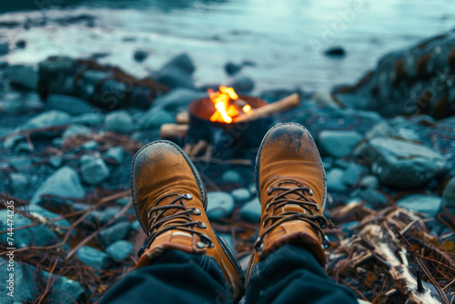 First-person view of a hiker in boots resting in front of a campfire next to a lake. Copy space.