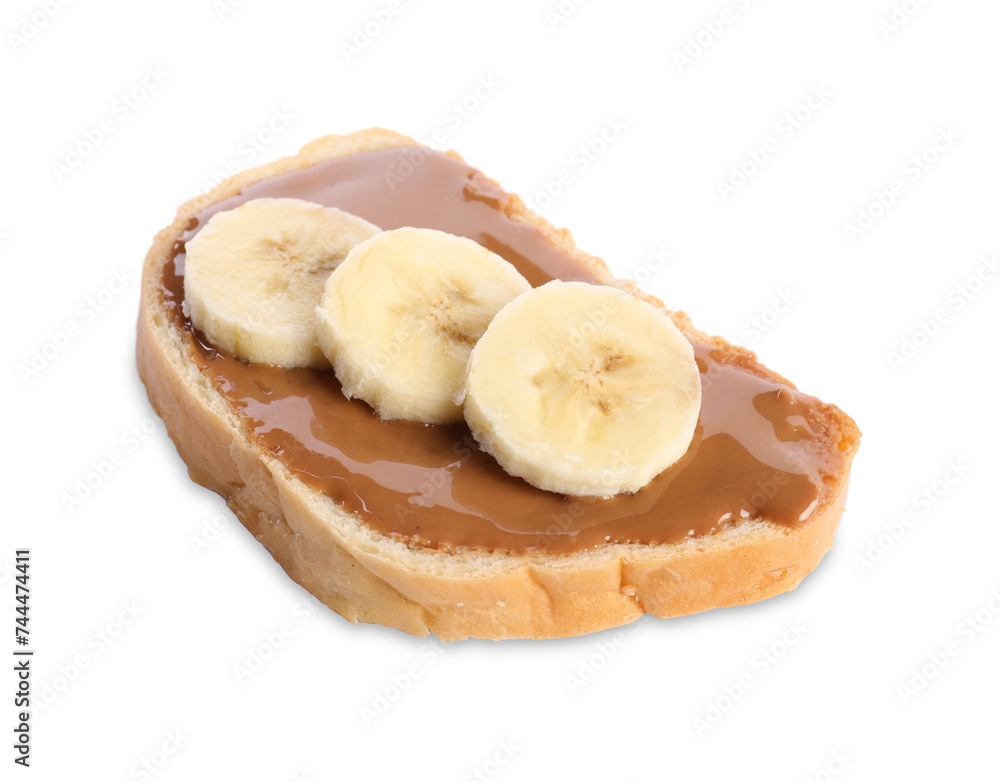 Toast with tasty nut butter and banana slices isolated on white