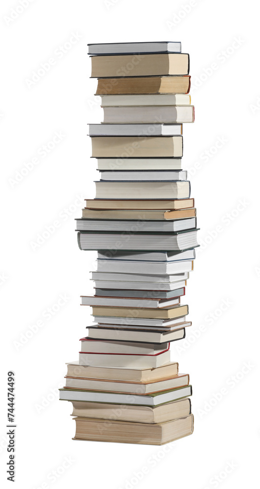 High stack of many different books isolated on white High stack of many different books isolated on white