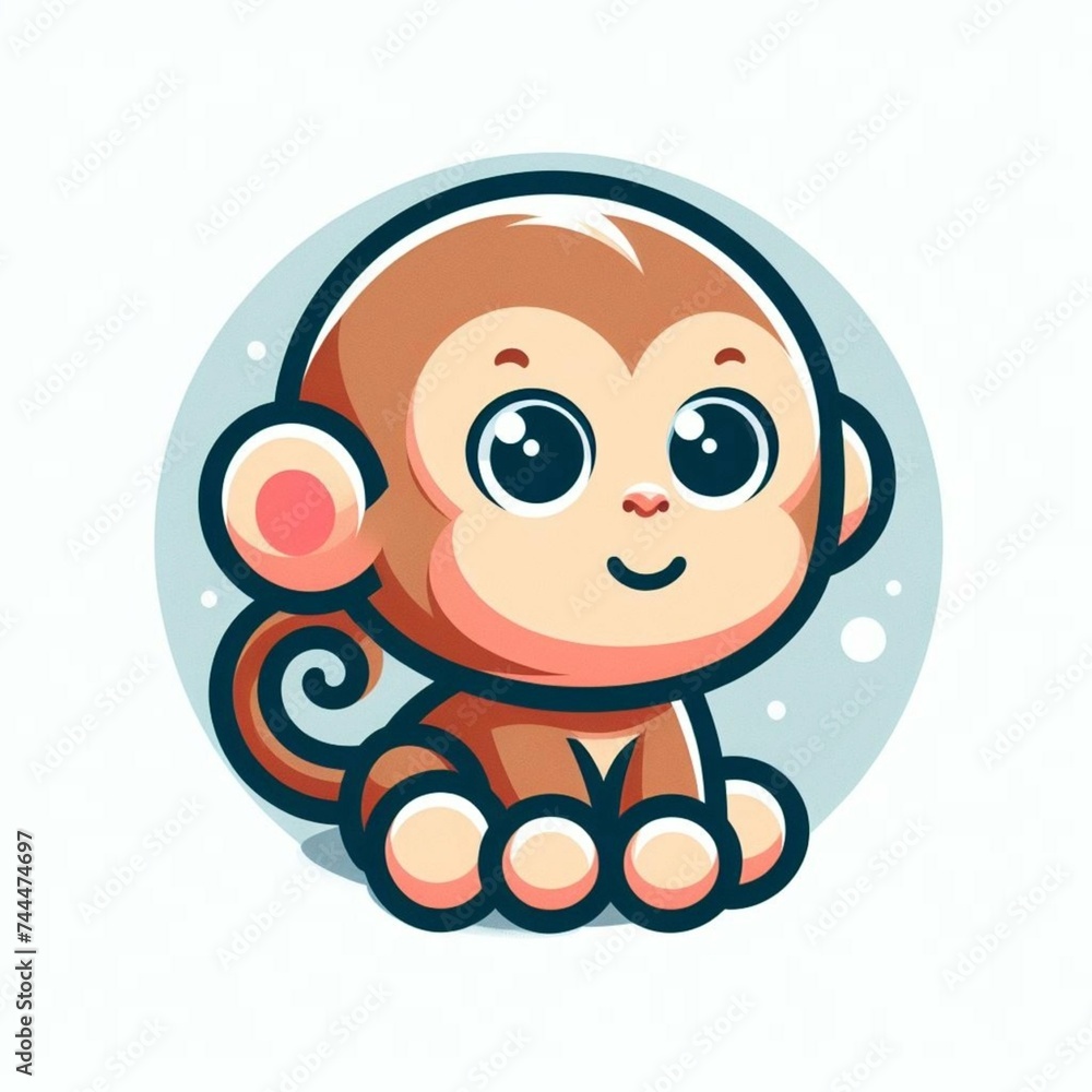 Cute monkey 3d rendering flat logo, lovely little animal, cartoon character