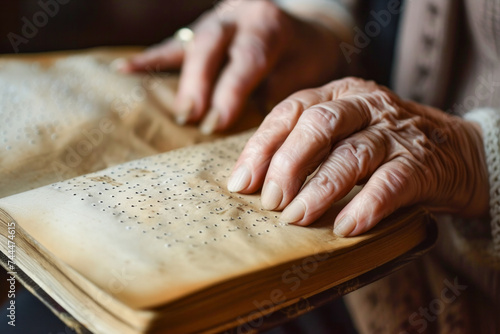 Hands of an elderly woman reading a Braille book with her fingers.