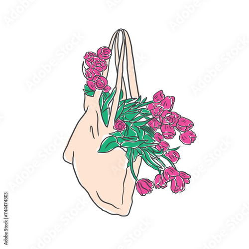 Pink flower in a basket, pink tulip in a tote bag vector