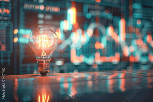Glowing light bulb on financial charts, symbolizing ideas and innovation in business and market analysis. photo