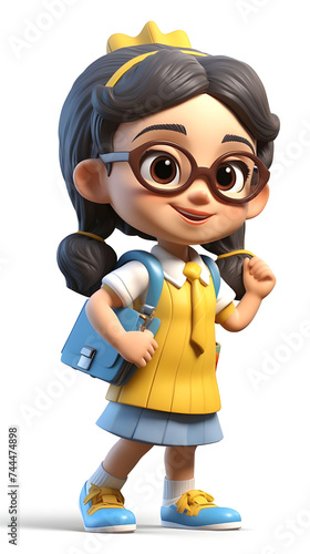 A 3d cartoon character of little school going kid with happy face and glasses