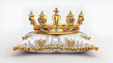 Royal golden crown with jewels on a pillow on White, isolated, Royal golden crown with jewels on pillow on White background, symbols of UK United Kingdom monarchy. Generative Ai 