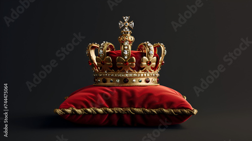 Royal golden crown with jewels on a pillow on Red isolated, Royal golden crown with jewels on pillow on Red background, symbols of UK United Kingdom monarchy. Generative Ai 