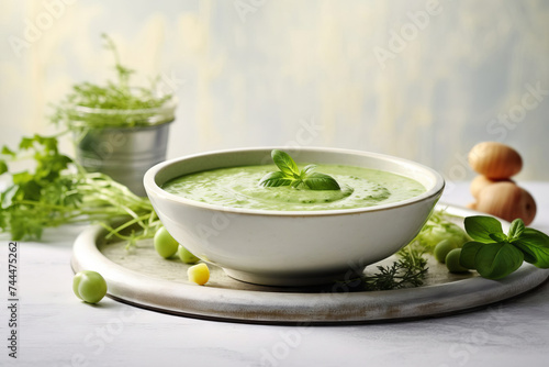 Green pea and basil soup with coconut milk. Proper nutrition, diet