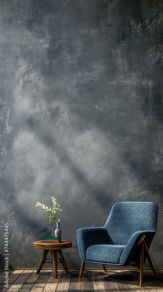 blue armchair and wood table against grey wall blue armchair and wood table against grey wall