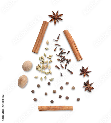 Christmas tree made of different spices on white background, top view