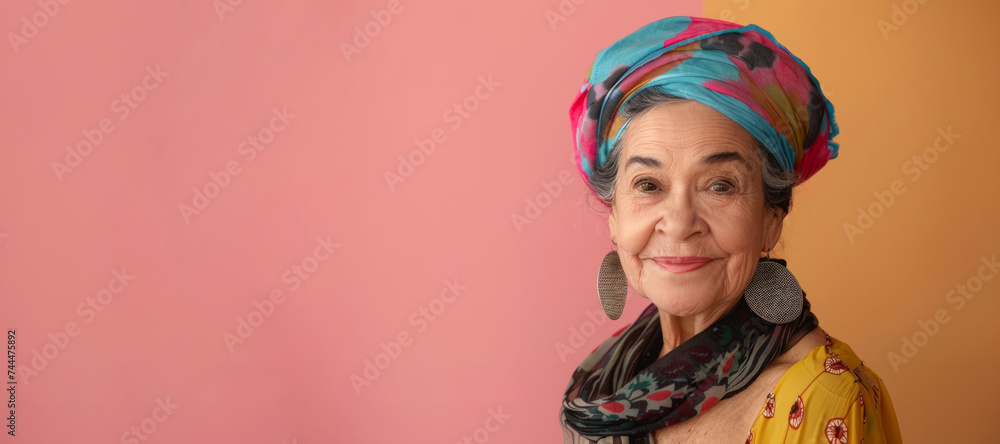 Portrait photography of a pleased Brazilian woman in her 70s wearing a foulard against a pastel or soft color background. contented woman in her seventies, elegantly adorned with a foulard. copy space Portrait photography of a pleased Brazilian woman in her 70s wearing a foulard against a pastel or soft color background. contented woman in her seventies, elegantly adorned with a foulard. copy space