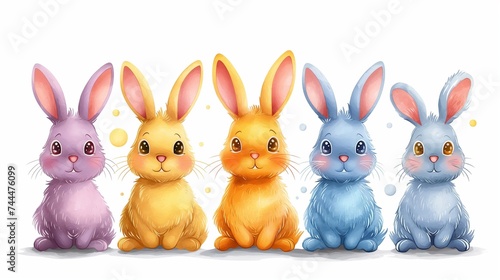 Watercolor illustration, colorful Easter bunnies on a white background 