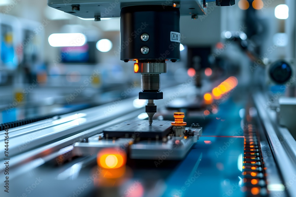 Semiconductor Manufacturing. In a computer chip factory, a machine is putting silicon pieces onto a board. It's part of making computer chips. Semiconductor Manufacturing. In a computer chip factory, a machine is putting silicon pieces onto a board. It's part of making computer chips.