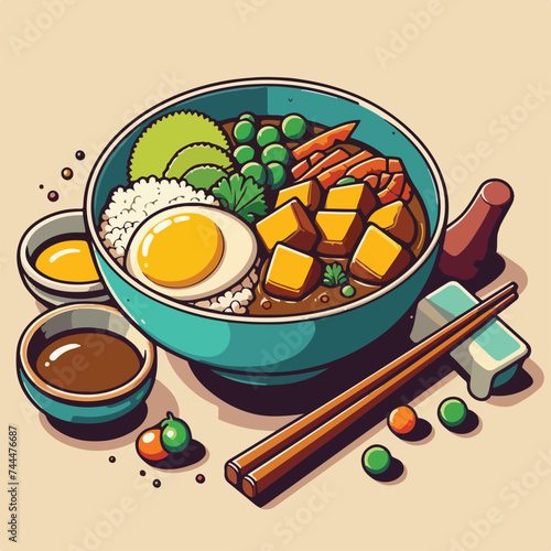 Fried Pork Tonkatsu curry rice Japanese food vector illustration on yellow background.