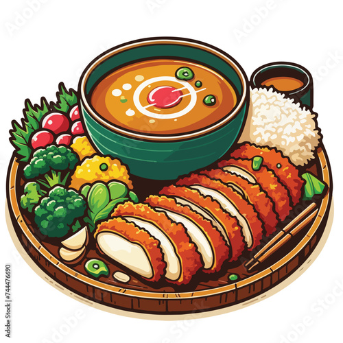 Fried Pork Tonkatsu curry rice Japanese food vector illustration on yellow background.