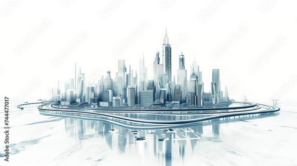 Abstract cityscape with skyscrapers and roads isolated on white background. Urban life, modern architecture, and transportation concept. 3D rendering