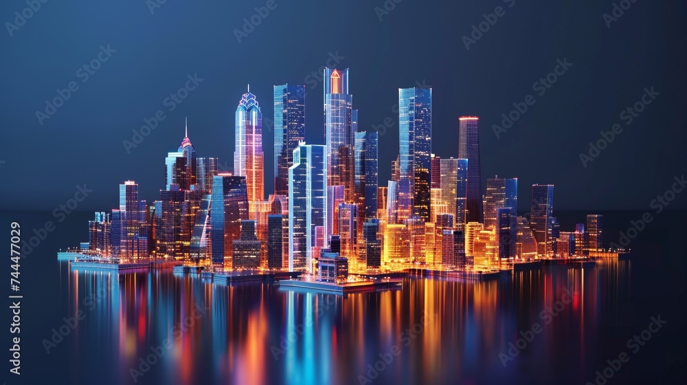 Abstract city skyline with skyscrapers and neon lights isolated on dark background. Urban life, modern architecture, and nightlife concept. 3D rendering