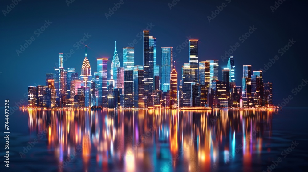 Abstract city skyline with skyscrapers and neon lights isolated on dark background. Urban life, modern architecture, and nightlife concept. 3D rendering