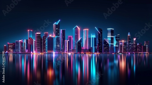 Abstract city skyline with skyscrapers and neon lights isolated on dark background. Urban life  modern architecture  and nightlife concept. 3D rendering