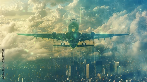 Futuristic green energy concept with airplane soaring in the sky, abstracted cityscapes double exposure. Embrace a sustainable and eco-friendly world.