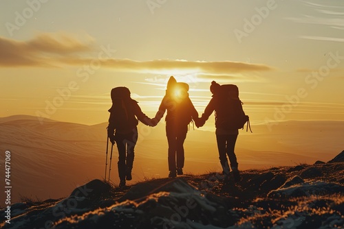 Embrace teamwork and care with three hikers holding hands, reaching the mountain's top against a stunning sunset landscape.