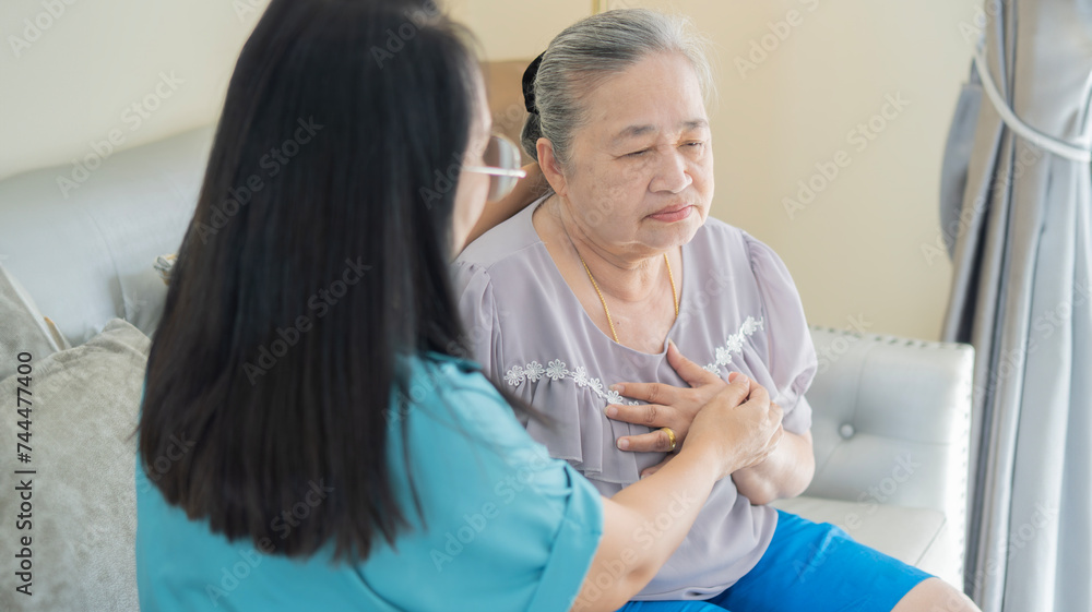 Fototapeta premium Sick older woman with chest pain touching inflammated zone and middle-aged woman or nurse take care of her.
