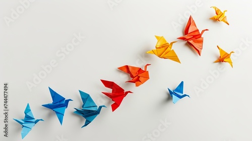 Colorful paper origami birds flying in formation isolated on white background. Freedom, creativity, and imagination concept. Minimalist style illustration