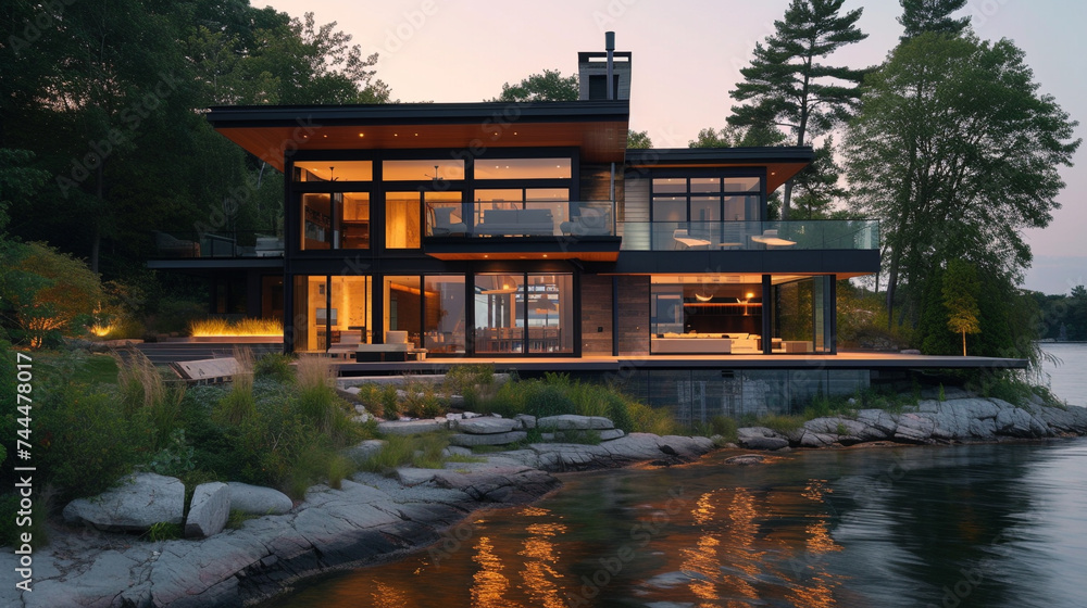 Waterfront residence with a contemporary exterior, using glass and steel to capture breathtaking views, blending modern design with natural beauty