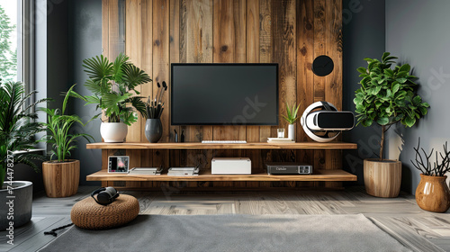 Minimalist Office Interior Design Mockup with Large VR Headset Statue and Laptop on a Table