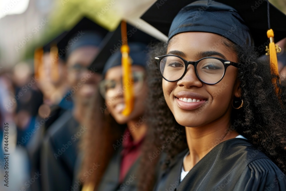 Fototapeta premium Estudiante negra de color graduada sonriendo con toga y birrete