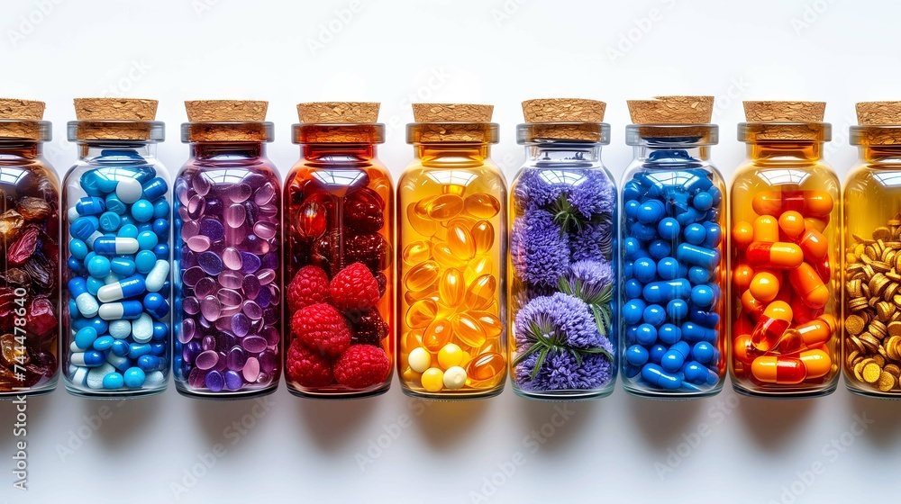 Bottles and different vitamin capsules on white background, flat lay Bottles and different vitamin capsules on white background, flat lay