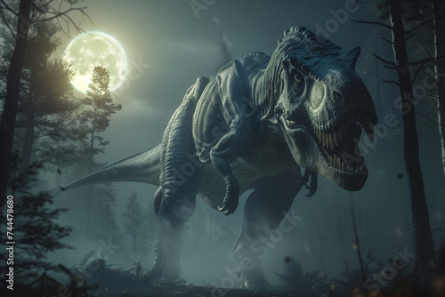 Tyrannosaurus rex stands bathed in mist of moonlit forest