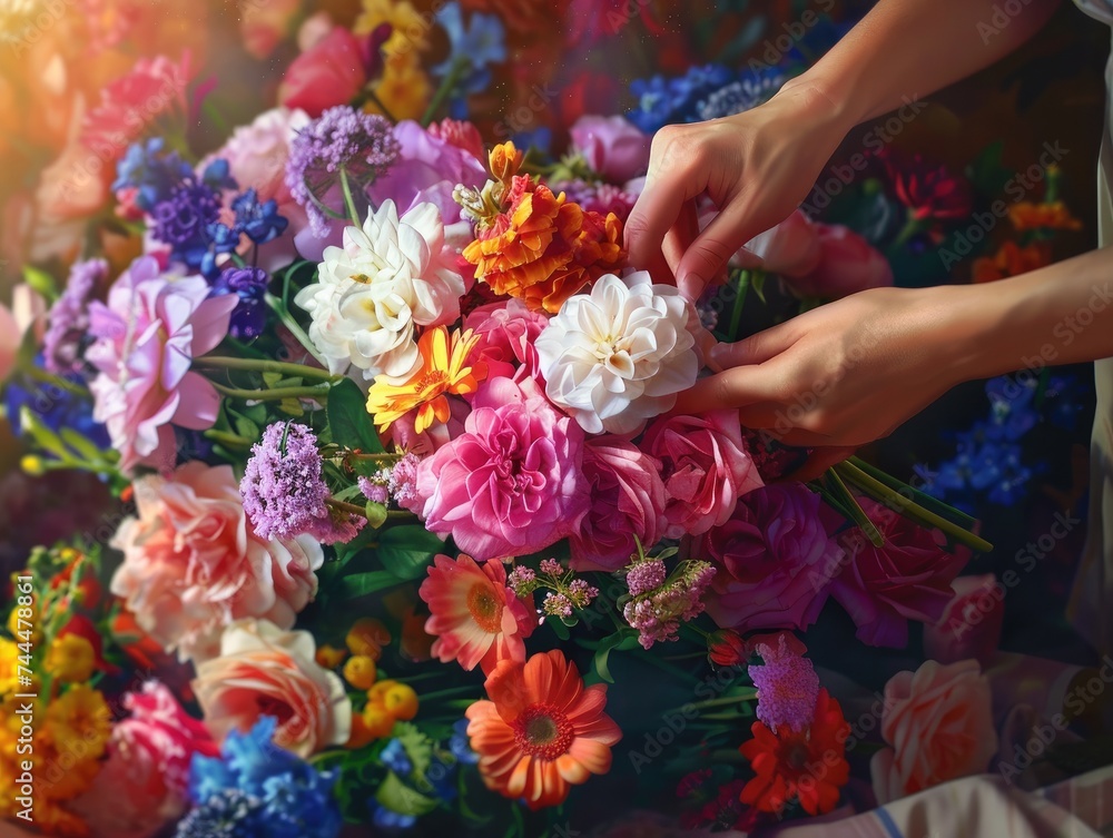 
florist selects flowers for making bouquet 
