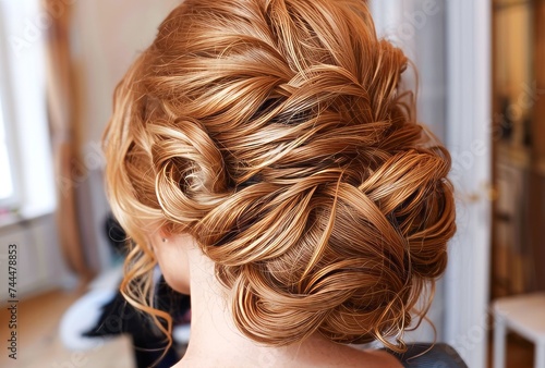 Elegant Bridal Updo Hairstyle With Floral Hair Accessories in a Stylish Salon Setting
